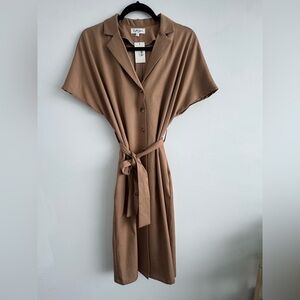 Belted Tan Button-Front Maxi Dress with Short Dolman Sleeves
